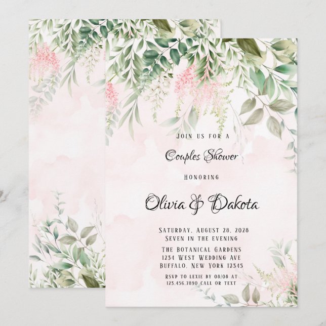 Invitation Rose et verdure Feuille Chic Couples Douche (Devant / Derrière)