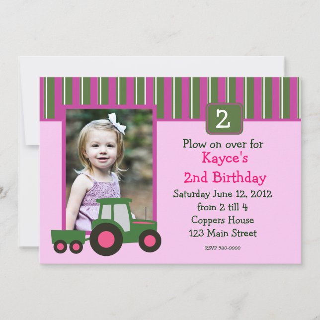 Invitation rose et vert d'anniversaire de tracteur (Devant)