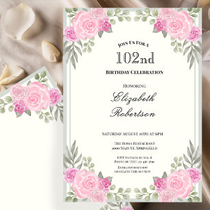 Invitation Rose et Vert Sauge Floral 102e Anniversaire