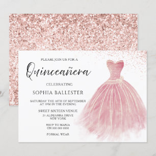 Invitation Rose étincelant Gold Blush Gown Quinceanera Party