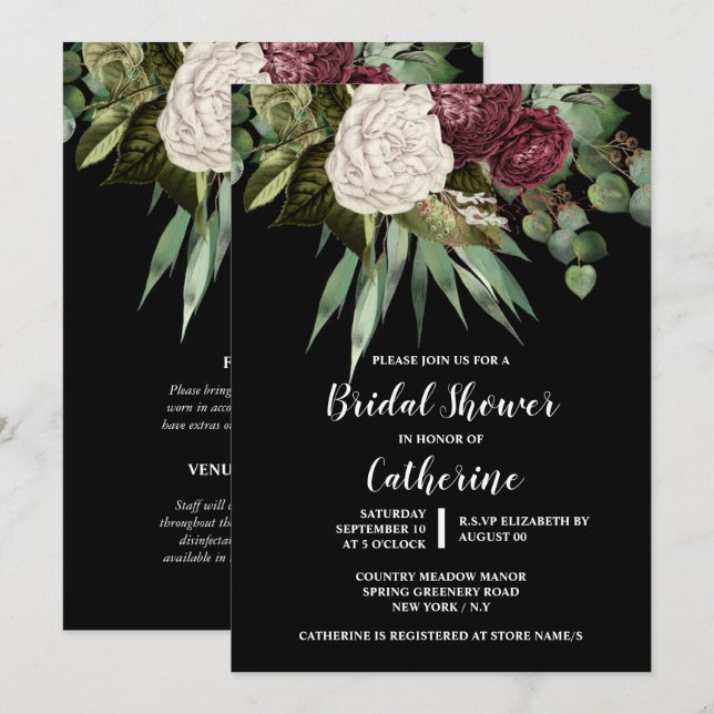 Invitation Rose eucalyptus feuille verdure fleurie chic (Devant / Derrière)