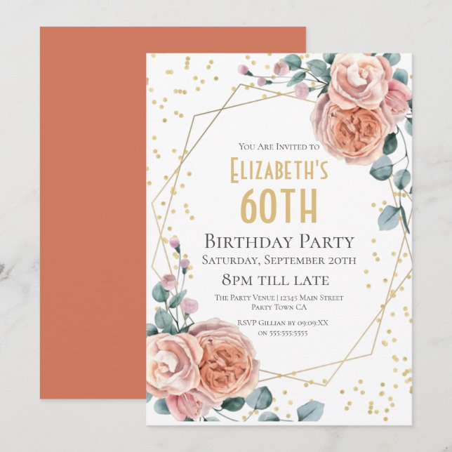 Invitation Rose & Eucalyptus Floral 60e fête d'anniversaire (Devant / Derrière)