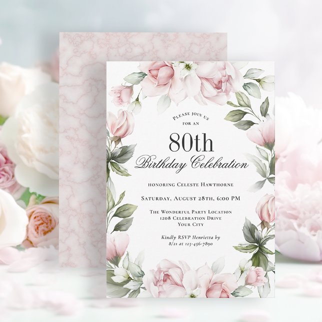 Invitation Rose féminine 80e fête d'anniversaire (Available as printed and paperless digital download!)