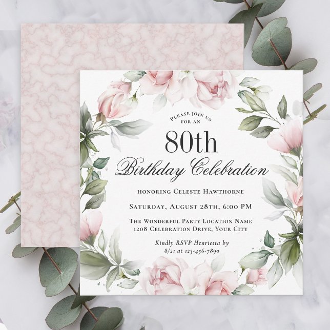Invitation Rose féminine 80e fête d'anniversaire (Créateur téléchargé)