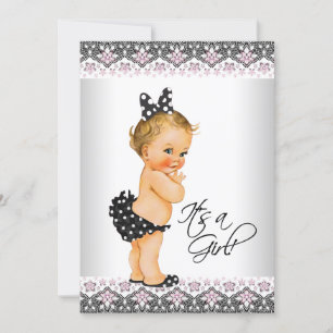 Invitation Rose Fête de Bébé Fille Noir en Dentelle Rose
