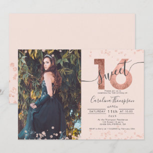 Invitation Rose feuille d'or confetti photo blush Sweet 16