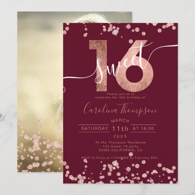 Invitation Rose feuille d'or confetti rouge Sweet 16 photo (Devant / Derrière)