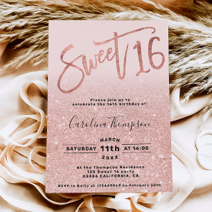 Invitation Rose feuille d'or parties scintillant script blush