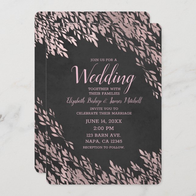 Invitation Rose Feuilles or Noir Chalk Chic Rustique Mariage (Devant / Derrière)