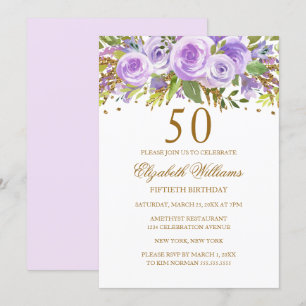Invitation Rose Fleur Or Jaune Violet 50e Anniversaire