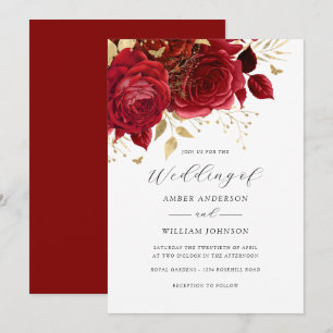 Invitation Rose Fleurale Or Rouge Mariage  