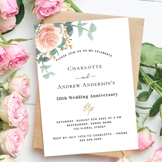 Invitation Rose fleuri vert rose 50e anniversaire mariage (Créateur téléchargé)