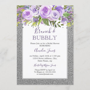 Invitation Rose Fleurie Argent Violet Brunch Et Champagne Dég
