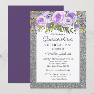 Invitation Rose Fleurie Argent Violet Quinceanera