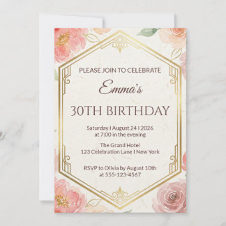 Invitation Rose Fleurie Corail Élégante Anniversaire Importan