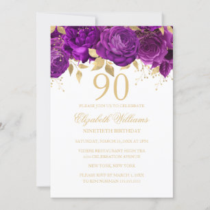 Invitation Rose Fleurie Or Pourpre 90e Anniversaire