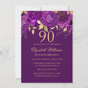 Invitation Rose Fleurie Or Violet 90e Anniversaire