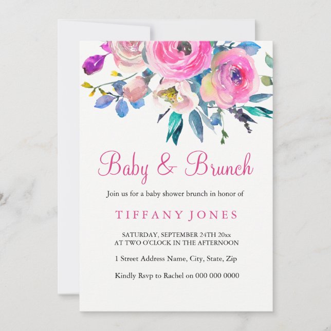 Invitation rose floral bébé et brunch (Devant)