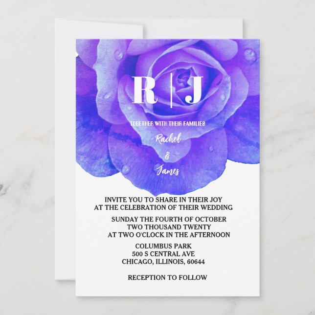 Invitation Rose Floral Bleu Fleurs Monogrammes Mariage élégan (Devant)
