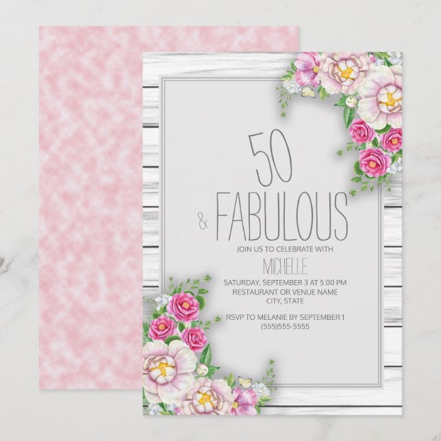 Invitation Rose Floral Bois rustique 50e anniversaire (Devant / Derrière)
