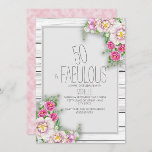 Invitation Rose Floral Bois rustique 50e anniversaire