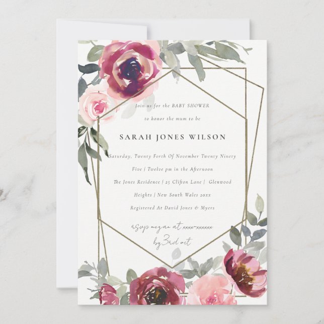 INVITATION ROSE FLORAL BURGUNDY BLEU ROUGE BABY SH (Devant)