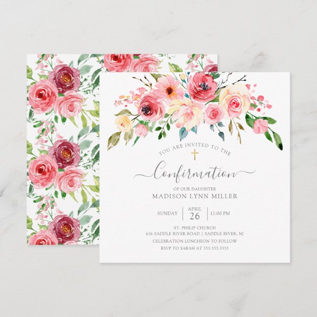 Invitation Rose Floral Confirmation des pivoines printanières (Devant / Derrière)
