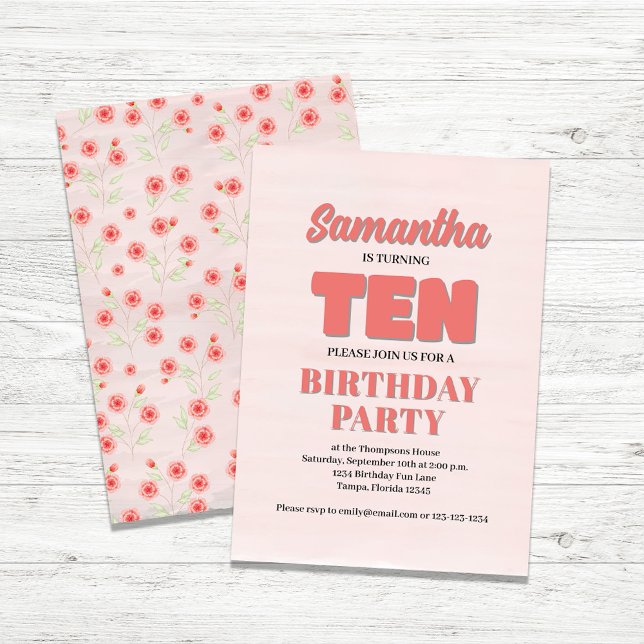 Invitation Rose Floral Dixième anniversaire fille Modèle de l (Girl's tenth birthday invitation)