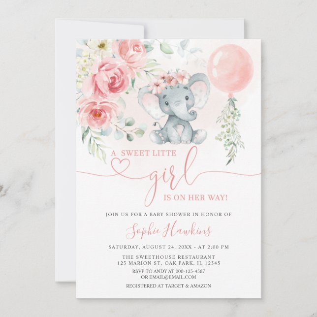 Invitation Rose Floral Doux Petite fille Baby shower éléphant (Devant)
