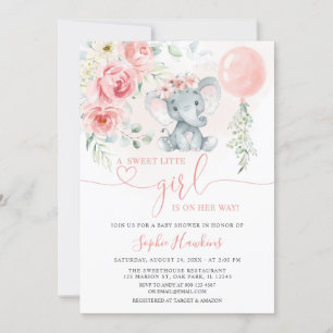 Invitation Rose Floral Doux Petite fille Baby shower éléphant