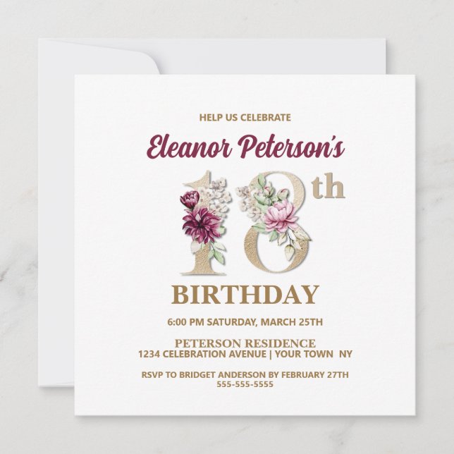 Invitation Rose Floral E 18e fête d'anniversaire (Devant)
