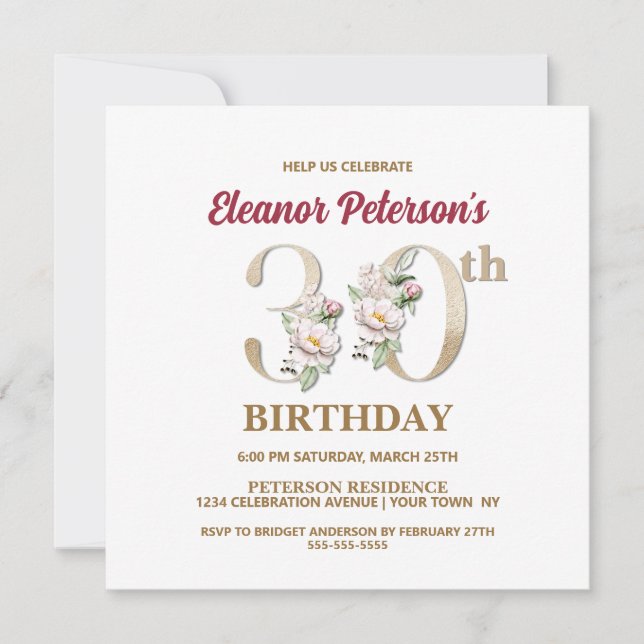 Invitation Rose Floral E 30e fête d'anniversaire (Devant)