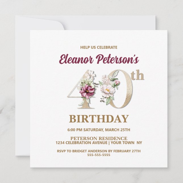 Invitation Rose Floral E 40e fête d'anniversaire (Devant)