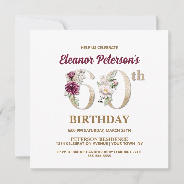 Invitation Rose Floral E 60e fête d'anniversaire (Devant)