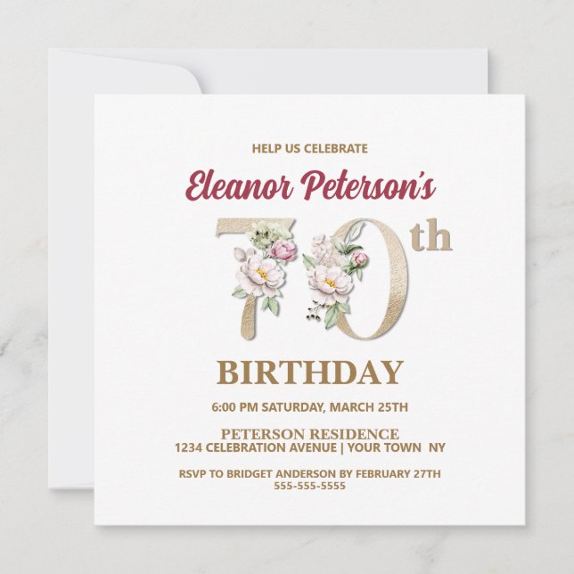 Invitation Rose Floral E 70e fête d'anniversaire (Devant)