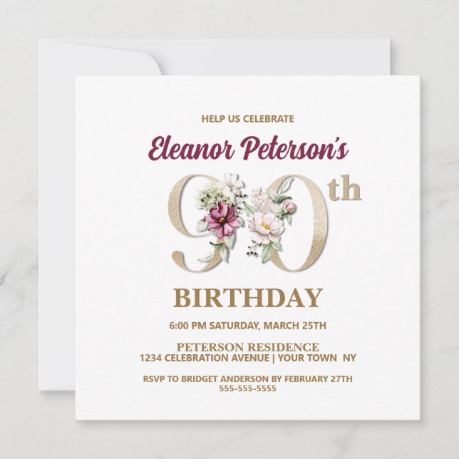Invitation Rose Floral E 90e fête d'anniversaire (Devant)