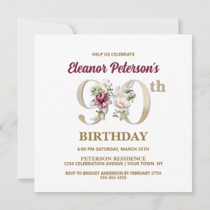 Invitation Rose Floral E 90e fête d'anniversaire