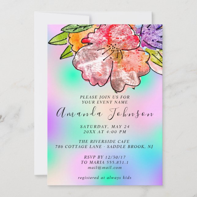 Invitation Rose floral Fête des mariées Anniversaire Holograp (Devant)