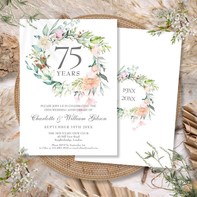 Invitation Rose Floral Garland 75e anniversaire du Mariage (Roses Floral Garland 75th Wedding Anniversary Invitation)