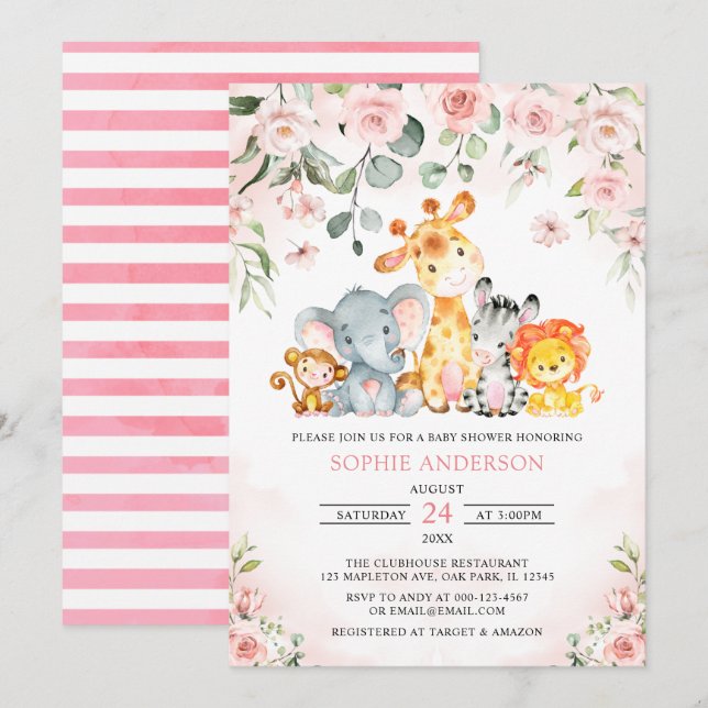 Invitation Rose Floral Girl Safari Jungle Animaux Baby shower (Devant / Derrière)