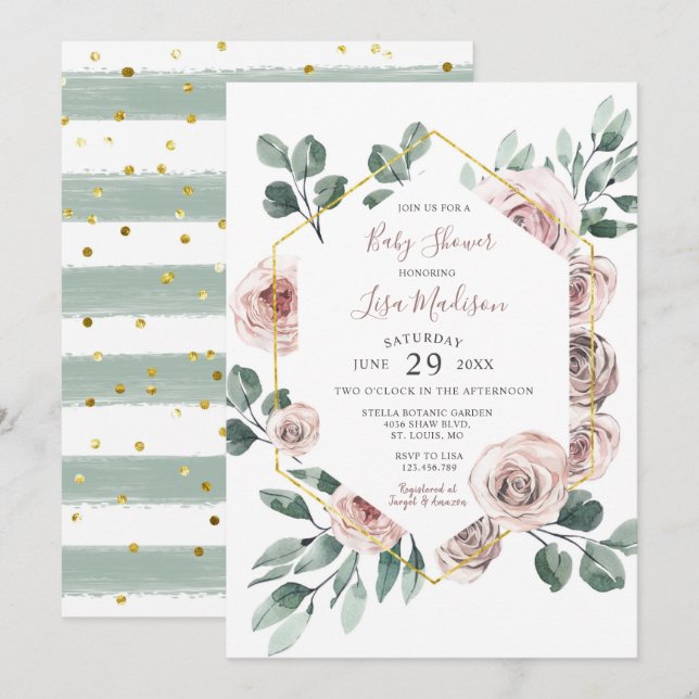 Invitation Rose Floral Green Baby shower (Devant / Derrière)