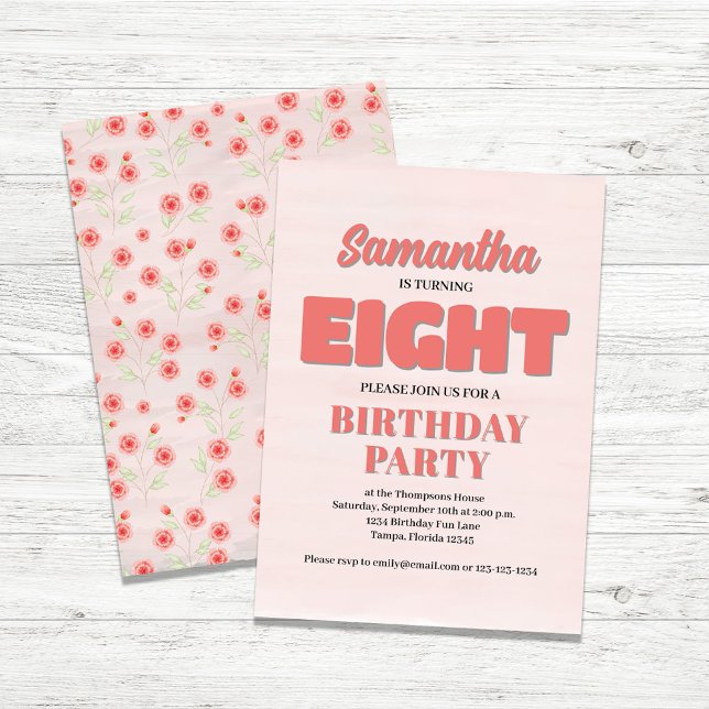 Invitation Rose Floral Huitième anniversaire fille Modèle de  (Girl's Eighth birthday party invitations.)