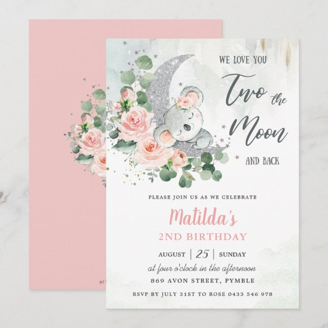 Invitation Rose Floral Koala Bear 2e Anniversaire Crescent Mo (Devant / Derrière)