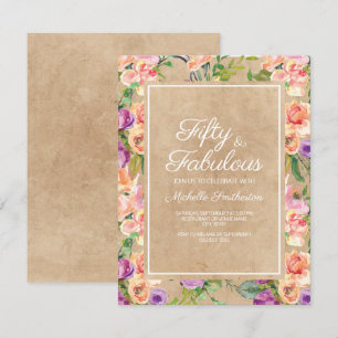 Invitation Rose Floral Kraft Rustique Violet 50e Anniversaire