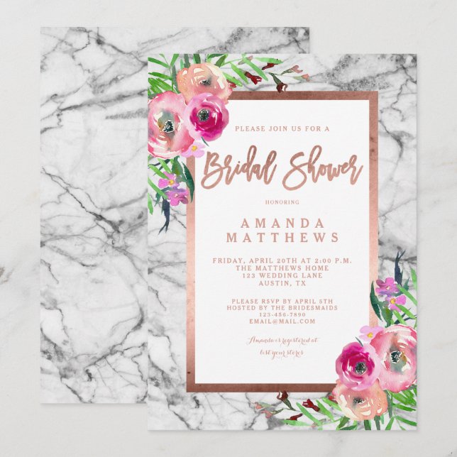 Invitation Rose Floral Marbre or Mariage Fête des mariées (Devant / Derrière)
