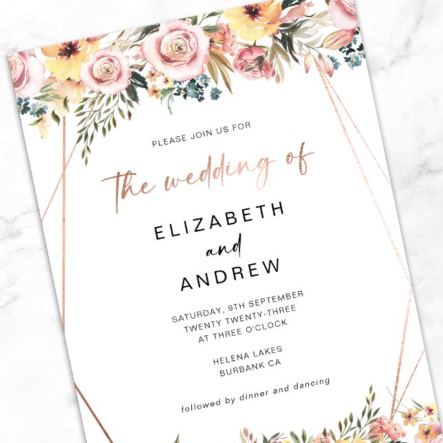Invitation Rose floral Mariage de cadre géométrique or (Créateur téléchargé)