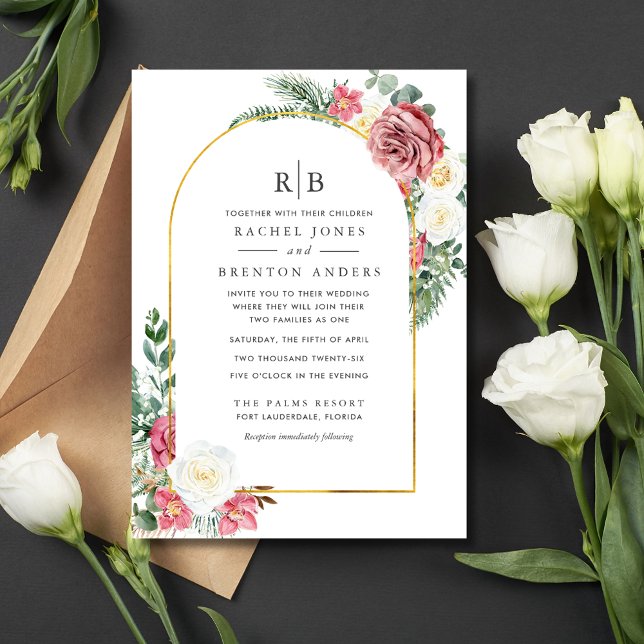 Invitation Rose Floral Mélangé Famille Monogramme Mariage (Rose Floral Blended Family Monogram Wedding Invitation)