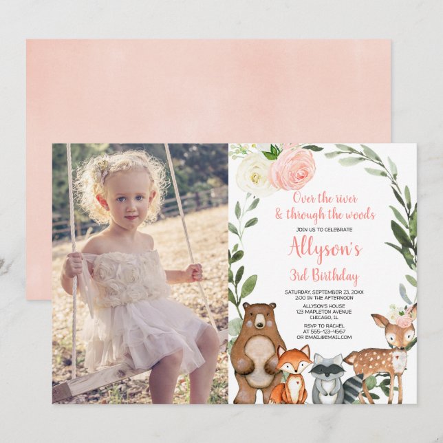 Invitation Rose floral mignon boisé fille d'anniversaire phot (Devant / Derrière)