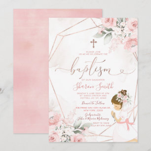 Invitation Rose Floral mignonne fille priant baptême baptême