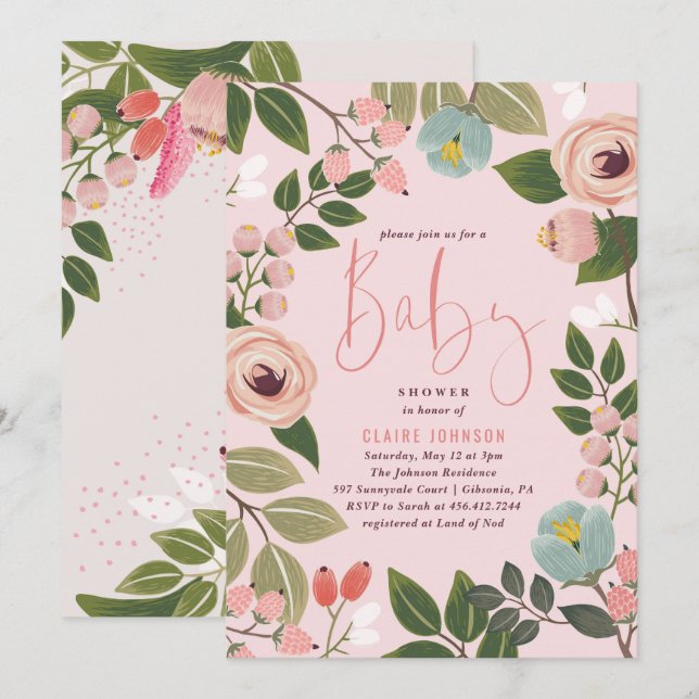 Invitation Rose floral peint de l'invitation | de baby shower (Devant / Derrière)